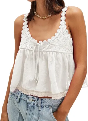 Women Lace Trim Crop Tank Top Tie Front Y2k Sexy Babydoll Cami Shirt Semi Sheer Going Out Tops