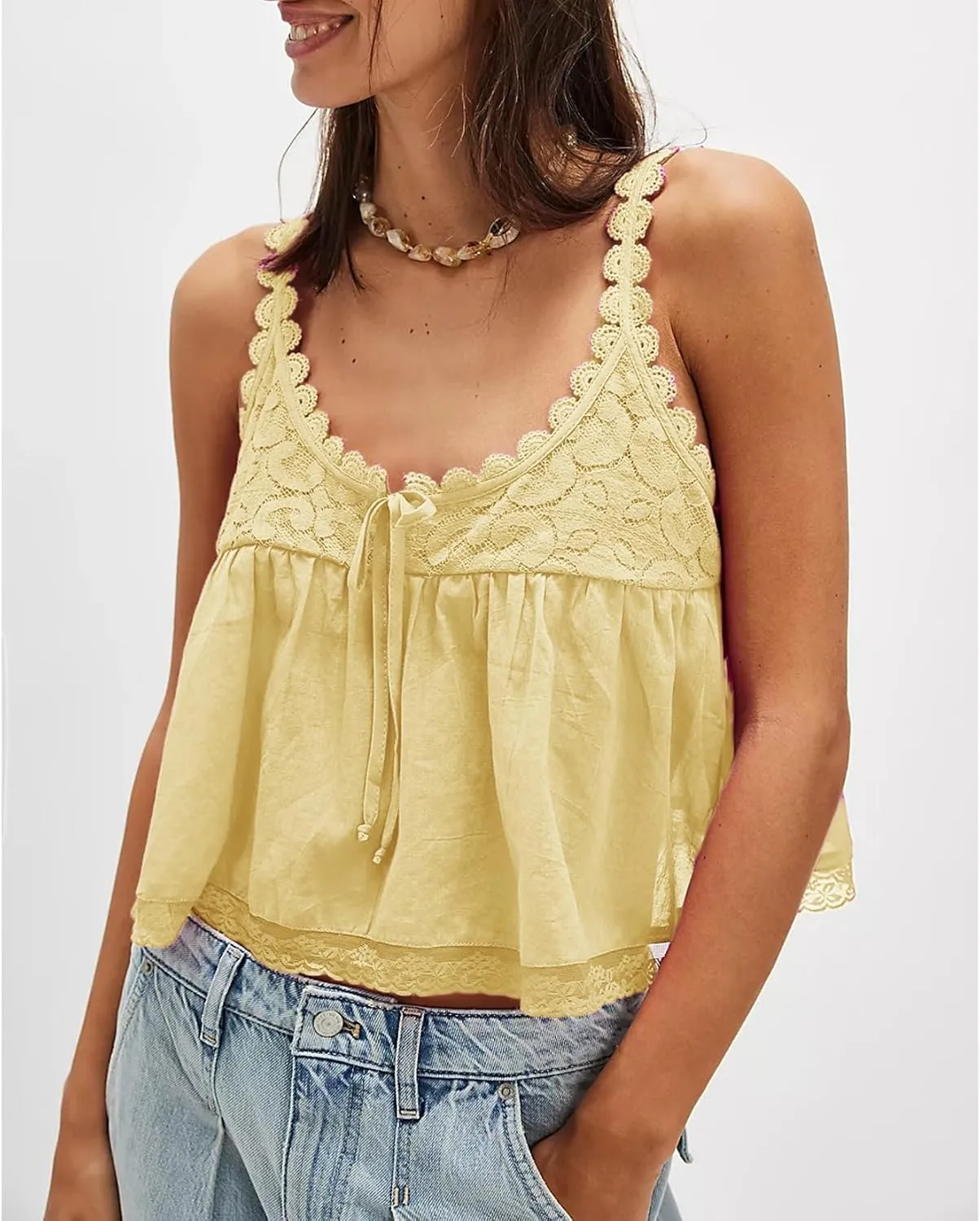 Women Lace Trim Crop Tank Top Tie Front Y2k Sexy Babydoll Cami Shirt Semi Sheer Going Out Tops
