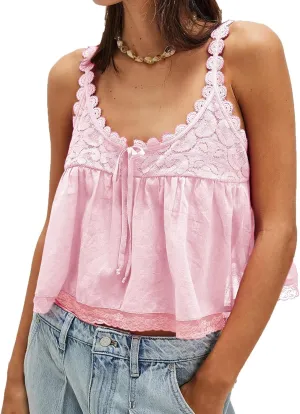 Women Lace Trim Crop Tank Top Tie Front Y2k Sexy Babydoll Cami Shirt Semi Sheer Going Out Tops
