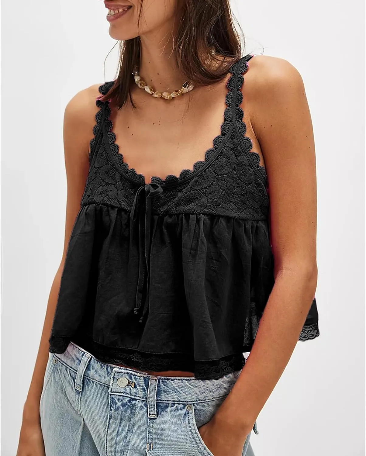 Women Lace Trim Crop Tank Top Tie Front Y2k Sexy Babydoll Cami Shirt Semi Sheer Going Out Tops