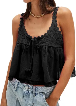 Women Lace Trim Crop Tank Top Tie Front Y2k Sexy Babydoll Cami Shirt Semi Sheer Going Out Tops
