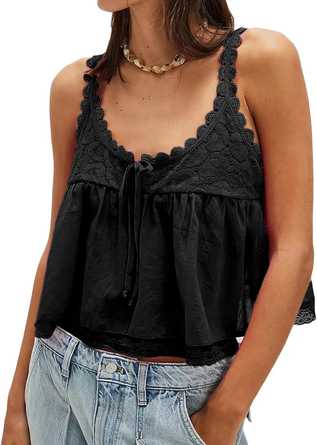 Women Lace Trim Crop Tank Top Tie Front Y2k Sexy Babydoll Cami Shirt Semi Sheer Going Out Tops
