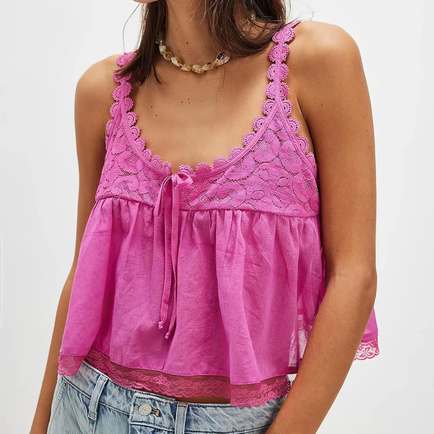 Women Lace Trim Crop Tank Top Tie Front Y2k Sexy Babydoll Cami Shirt Semi Sheer Going Out Tops