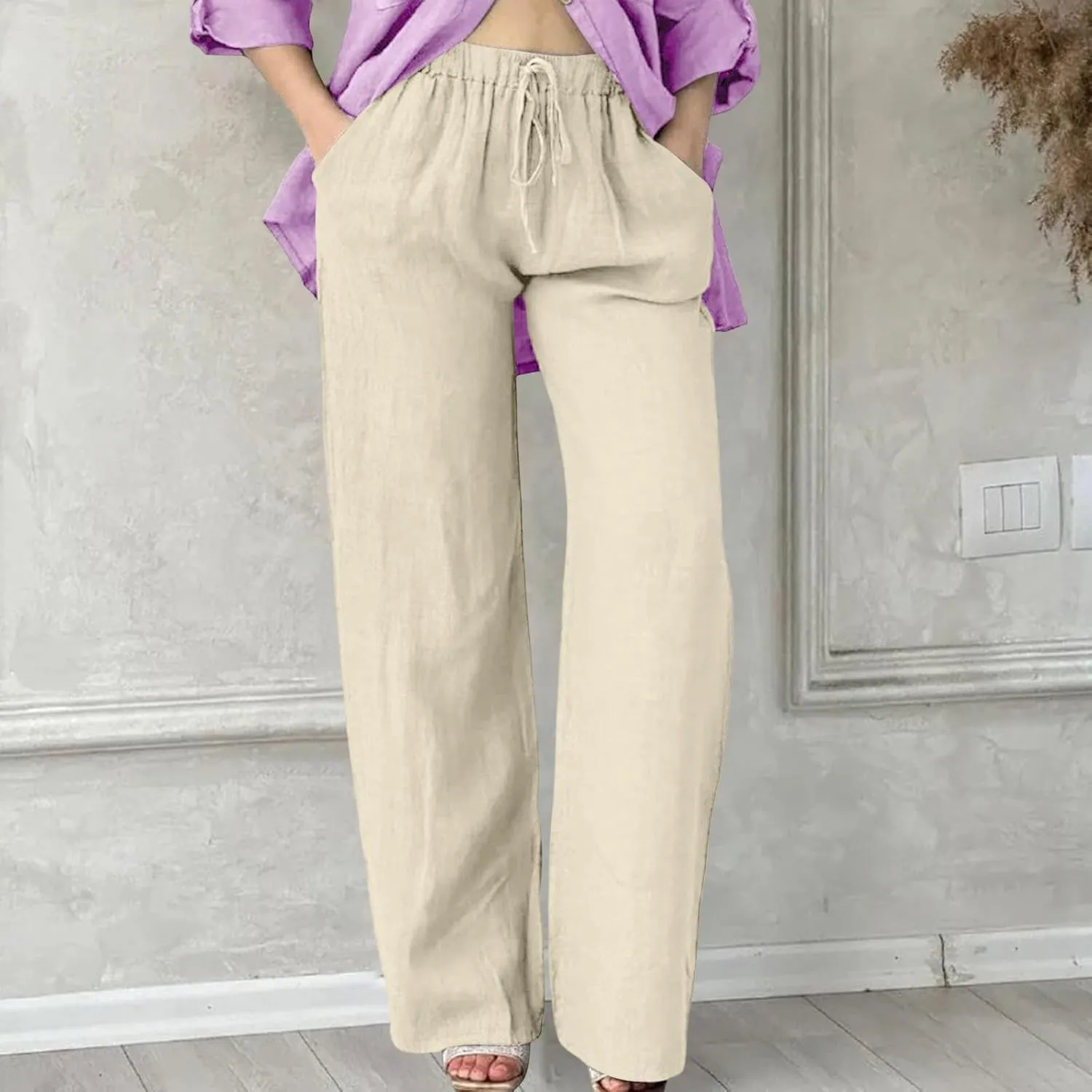 Women Linen Pants Casual Loose Fit Drawstring Elastic Waist Summer Wide Leg Beach Pants Travel Vacation Trouser with Pockets