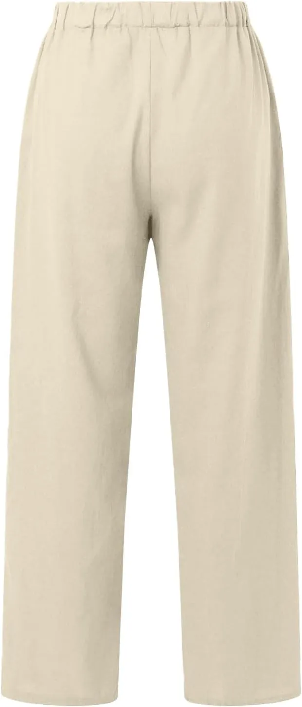 Women Linen Pants Casual Loose Fit Drawstring Elastic Waist Summer Wide Leg Beach Pants Travel Vacation Trouser with Pockets
