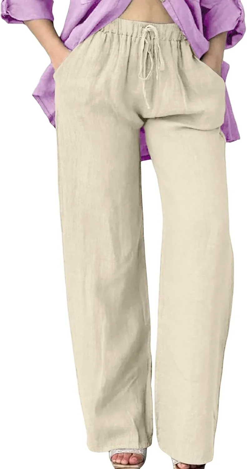 Women Linen Pants Casual Loose Fit Drawstring Elastic Waist Summer Wide Leg Beach Pants Travel Vacation Trouser with Pockets