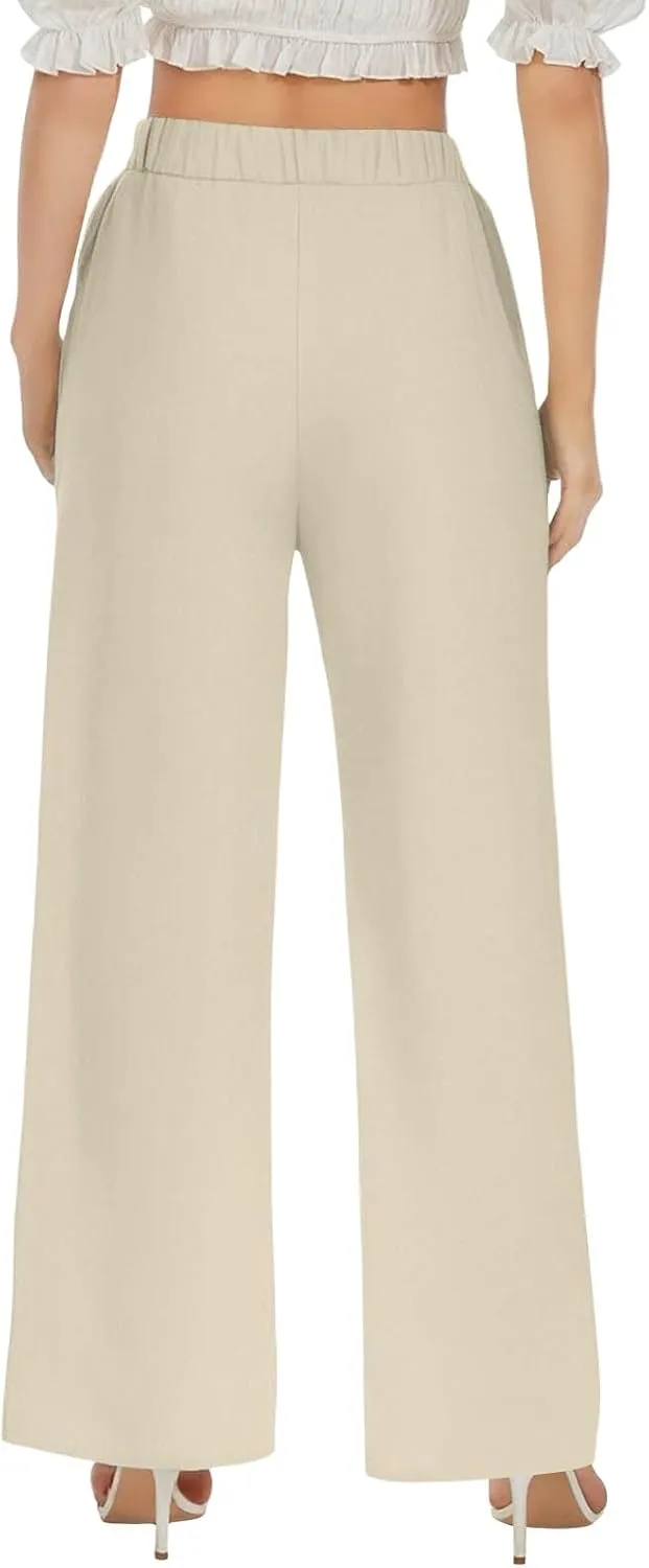 Women Linen Pants Casual Loose Fit Drawstring Elastic Waist Summer Wide Leg Beach Pants Travel Vacation Trouser with Pockets