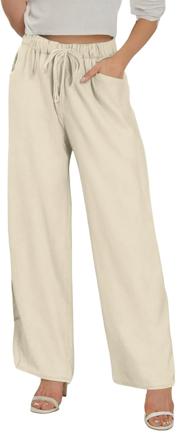 Women Linen Pants Casual Loose Fit Drawstring Elastic Waist Summer Wide Leg Beach Pants Travel Vacation Trouser with Pockets