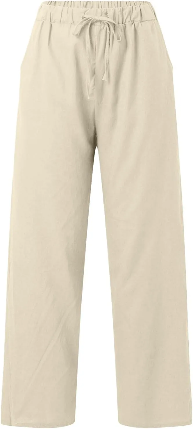 Women Linen Pants Casual Loose Fit Drawstring Elastic Waist Summer Wide Leg Beach Pants Travel Vacation Trouser with Pockets