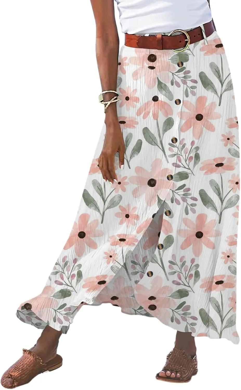 Women Long Skirt A-Line High Waist Front Slit Buttons Flowy Maxi Skirt Casual Beach Vacation Skirt for Women