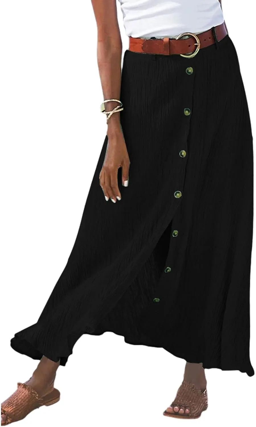 Women Long Skirt A-Line High Waist Front Slit Buttons Flowy Maxi Skirt Casual Beach Vacation Skirt for Women