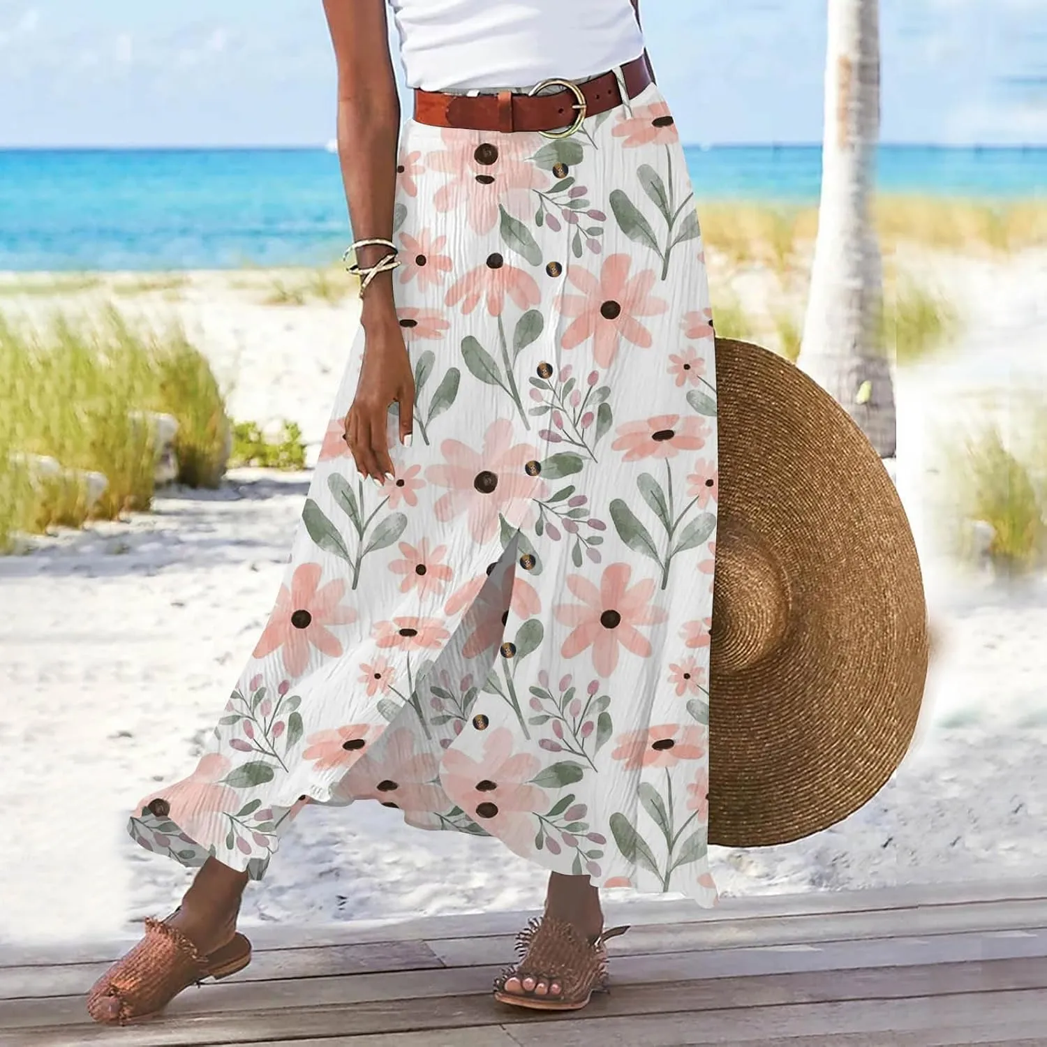 Women Long Skirt A-Line High Waist Front Slit Buttons Flowy Maxi Skirt Casual Beach Vacation Skirt for Women