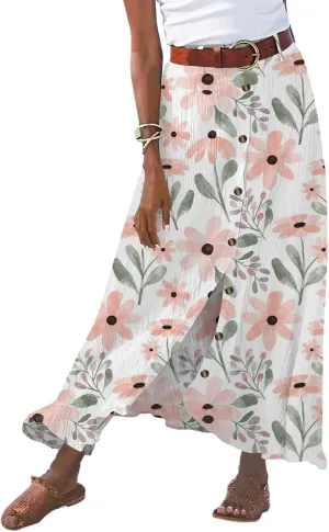Women Long Skirt A-Line High Waist Front Slit Buttons Flowy Maxi Skirt Casual Beach Vacation Skirt for Women