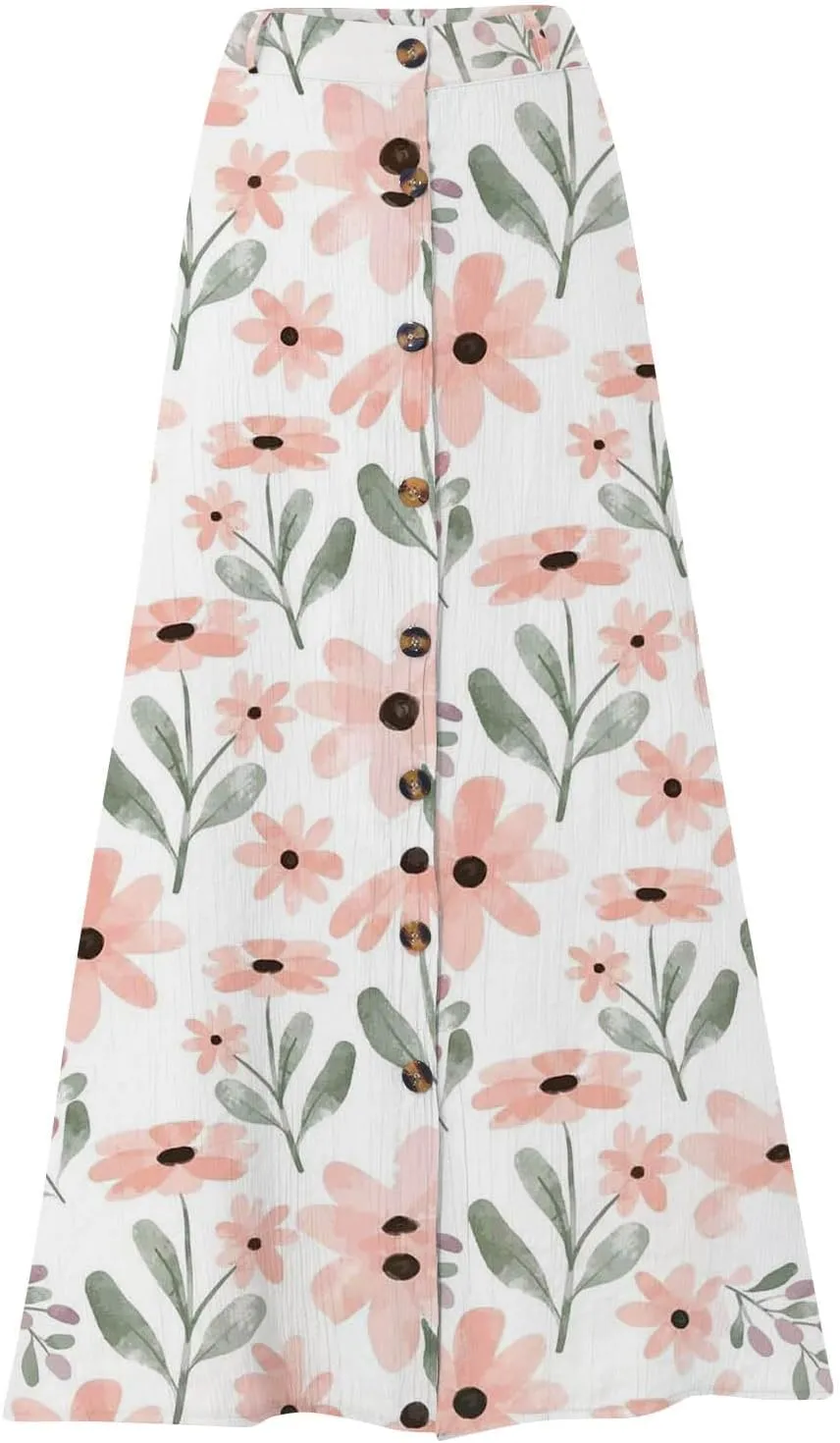 Women Long Skirt A-Line High Waist Front Slit Buttons Flowy Maxi Skirt Casual Beach Vacation Skirt for Women