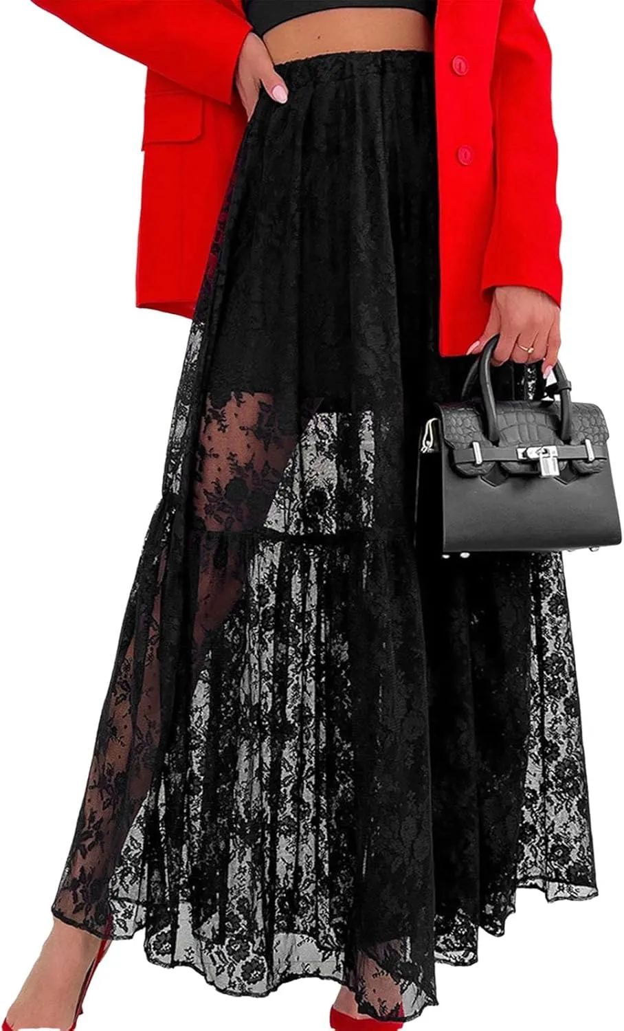 Women Long Skirt Sexy Lace See Through High Waist Flowy Maxi Skirt Loose Skirt Business Vacation Outfits for Women