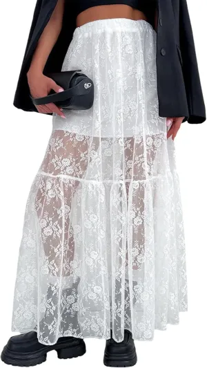 Women Long Skirt Sexy Lace See Through High Waist Flowy Maxi Skirt Loose Skirt Business Vacation Outfits for Women