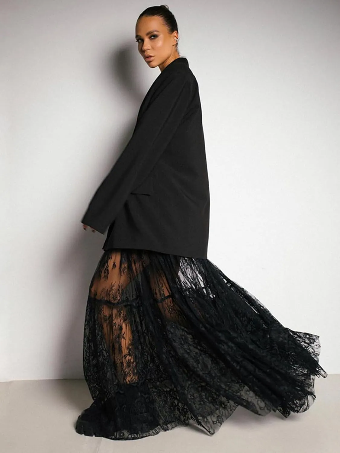 Women Long Skirt Sexy Lace See Through High Waist Flowy Maxi Skirt Loose Skirt Business Vacation Outfits for Women