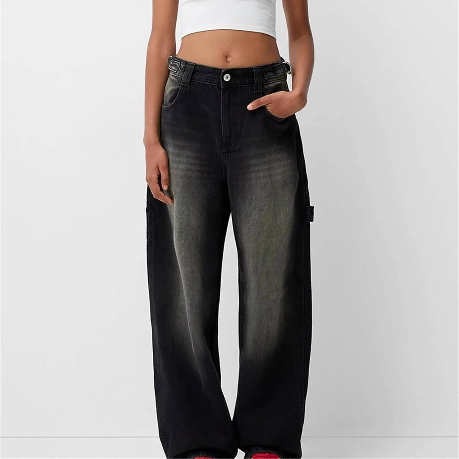 Women Low Waisted Baggy Jeans Vintage Mid Rise Loose Fit Wide Leg Boyfriend Jeans Trendy Denim Pants Streetwear