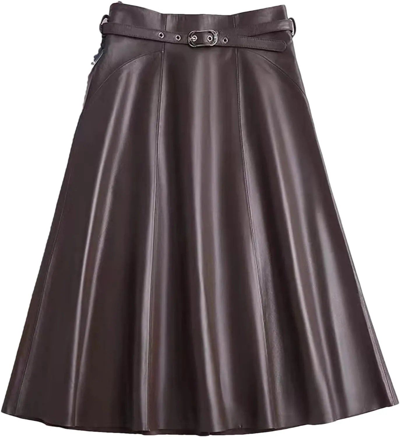 Women PU Leather High Waisted Pleated Skirt A-Line Midi Skirt for Office Work
