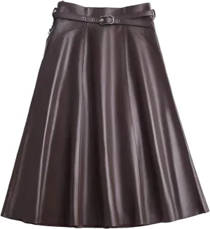 Women PU Leather High Waisted Pleated Skirt A-Line Midi Skirt for Office Work