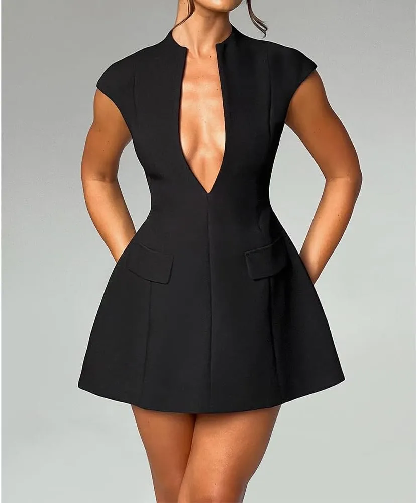 Women Sexy Deep V Neck Dress Cap Sleeve A Line Mini Dress Party Club Short Formal Dresses