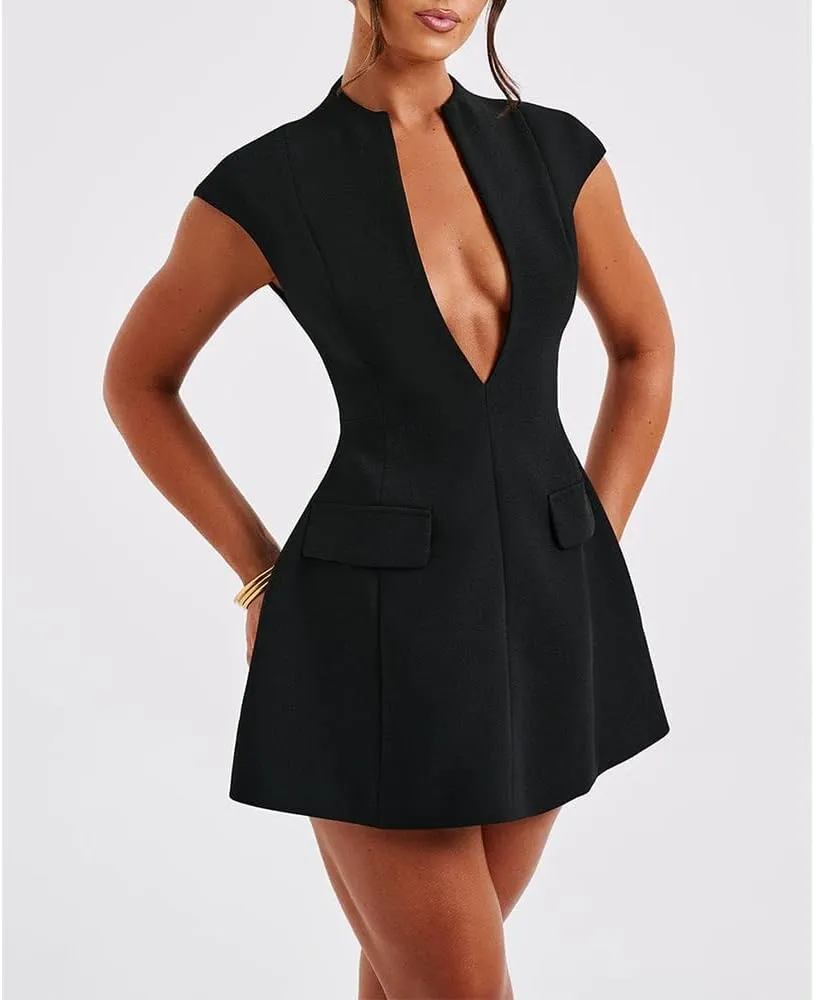 Women Sexy Deep V Neck Dress Cap Sleeve A Line Mini Dress Party Club Short Formal Dresses