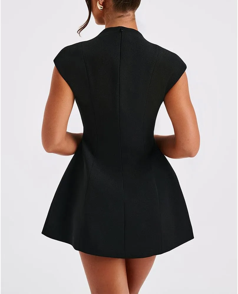 Women Sexy Deep V Neck Dress Cap Sleeve A Line Mini Dress Party Club Short Formal Dresses