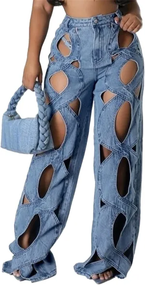 Women Sexy Hollow Out Baggy Jeans Y2k High Waisted Straight Leg Criss Cross Denim Pants