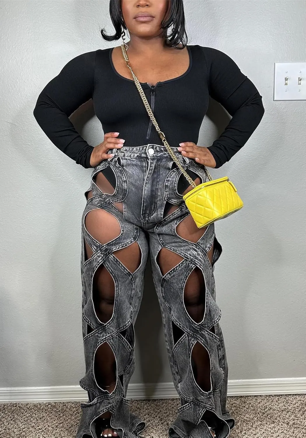 Women Sexy Hollow Out Baggy Jeans Y2k High Waisted Straight Leg Criss Cross Denim Pants