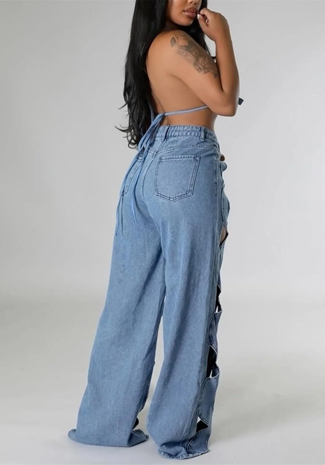 Women Sexy Hollow Out Baggy Jeans Y2k High Waisted Straight Leg Criss Cross Denim Pants