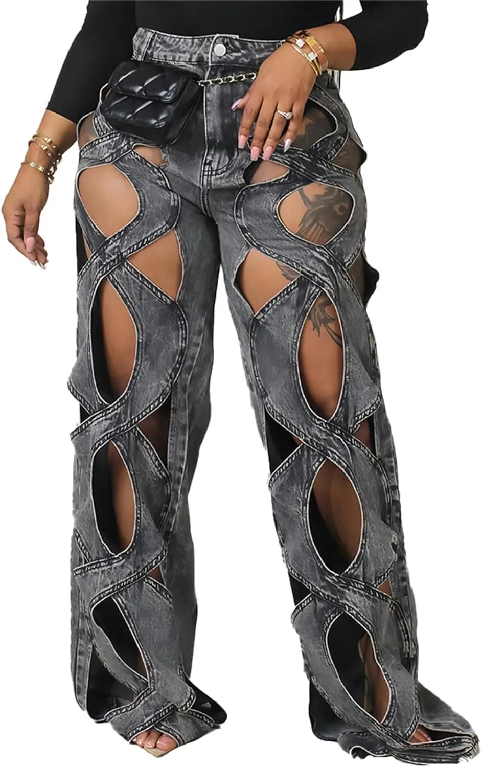 Women Sexy Hollow Out Baggy Jeans Y2k High Waisted Straight Leg Criss Cross Denim Pants