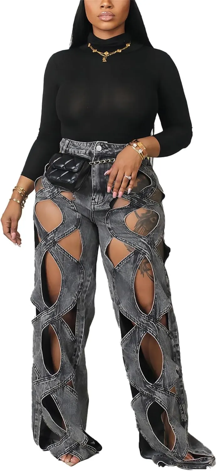 Women Sexy Hollow Out Baggy Jeans Y2k High Waisted Straight Leg Criss Cross Denim Pants