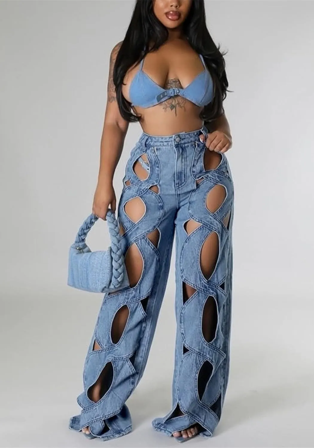 Women Sexy Hollow Out Baggy Jeans Y2k High Waisted Straight Leg Criss Cross Denim Pants