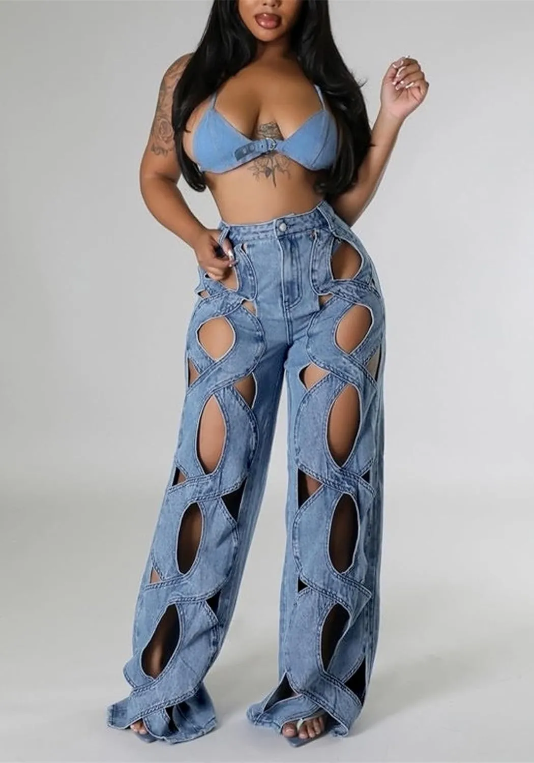 Women Sexy Hollow Out Baggy Jeans Y2k High Waisted Straight Leg Criss Cross Denim Pants