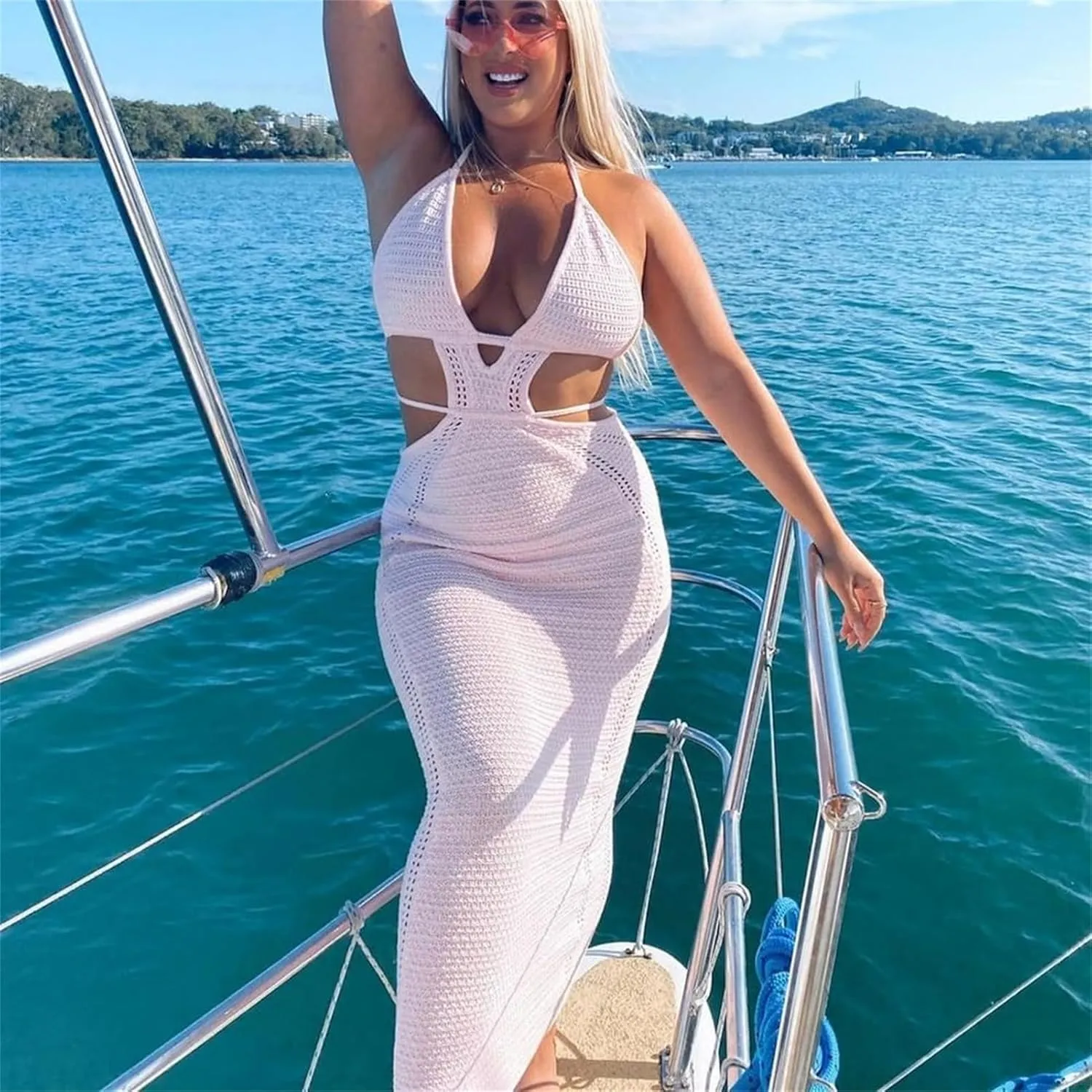 Women Sexy V Neck Bodycon Sweater Dress Knitted Halter Backless Hollow Out Waist Maxi Dress Party Club Long Dresses