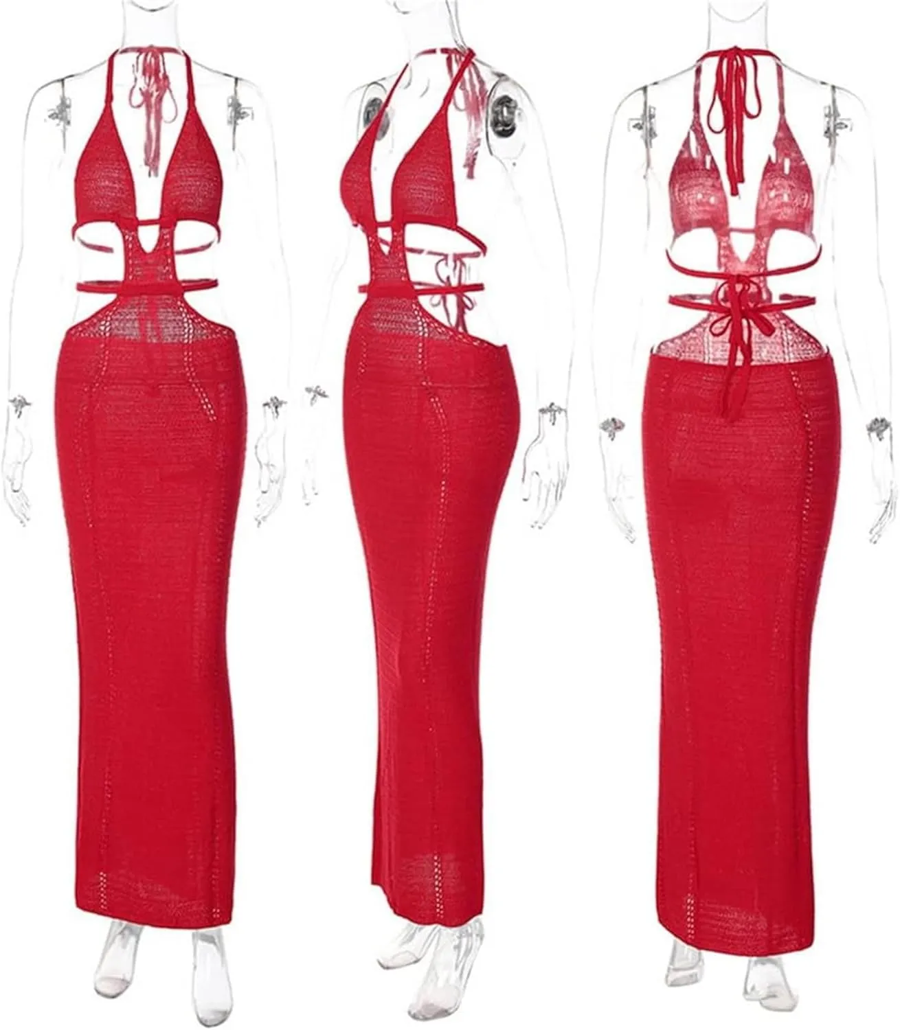 Women Sexy V Neck Bodycon Sweater Dress Knitted Halter Backless Hollow Out Waist Maxi Dress Party Club Long Dresses