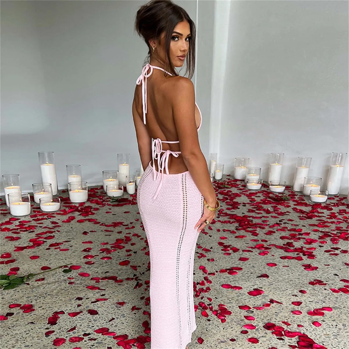 Women Sexy V Neck Bodycon Sweater Dress Knitted Halter Backless Hollow Out Waist Maxi Dress Party Club Long Dresses