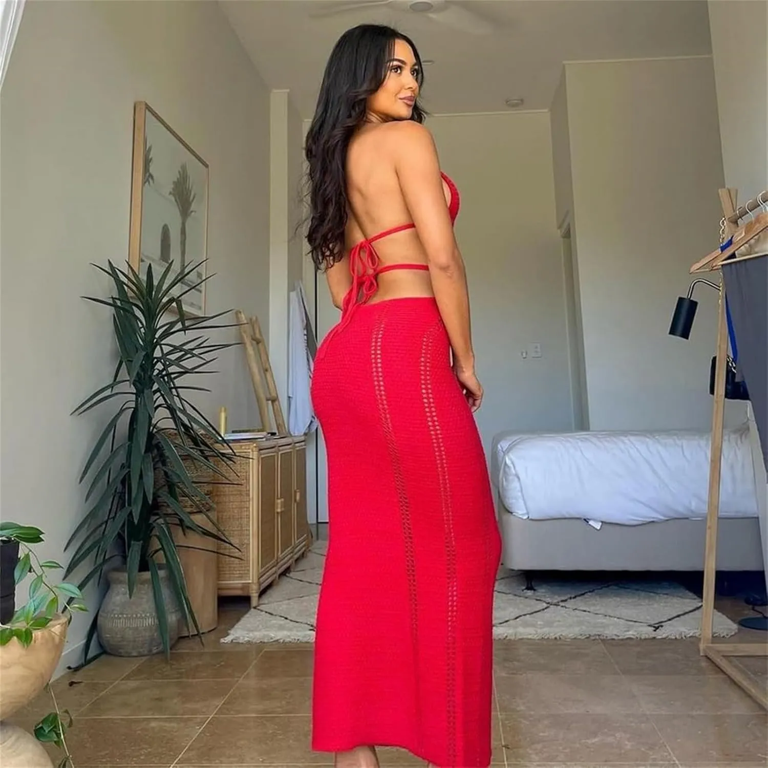 Women Sexy V Neck Bodycon Sweater Dress Knitted Halter Backless Hollow Out Waist Maxi Dress Party Club Long Dresses