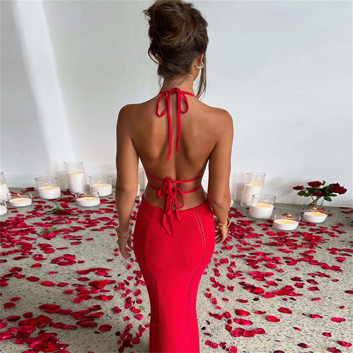 Women Sexy V Neck Bodycon Sweater Dress Knitted Halter Backless Hollow Out Waist Maxi Dress Party Club Long Dresses