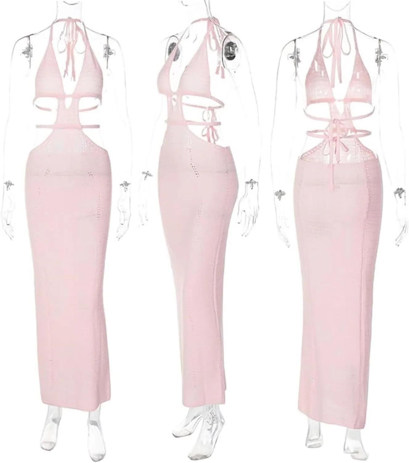Women Sexy V Neck Bodycon Sweater Dress Knitted Halter Backless Hollow Out Waist Maxi Dress Party Club Long Dresses