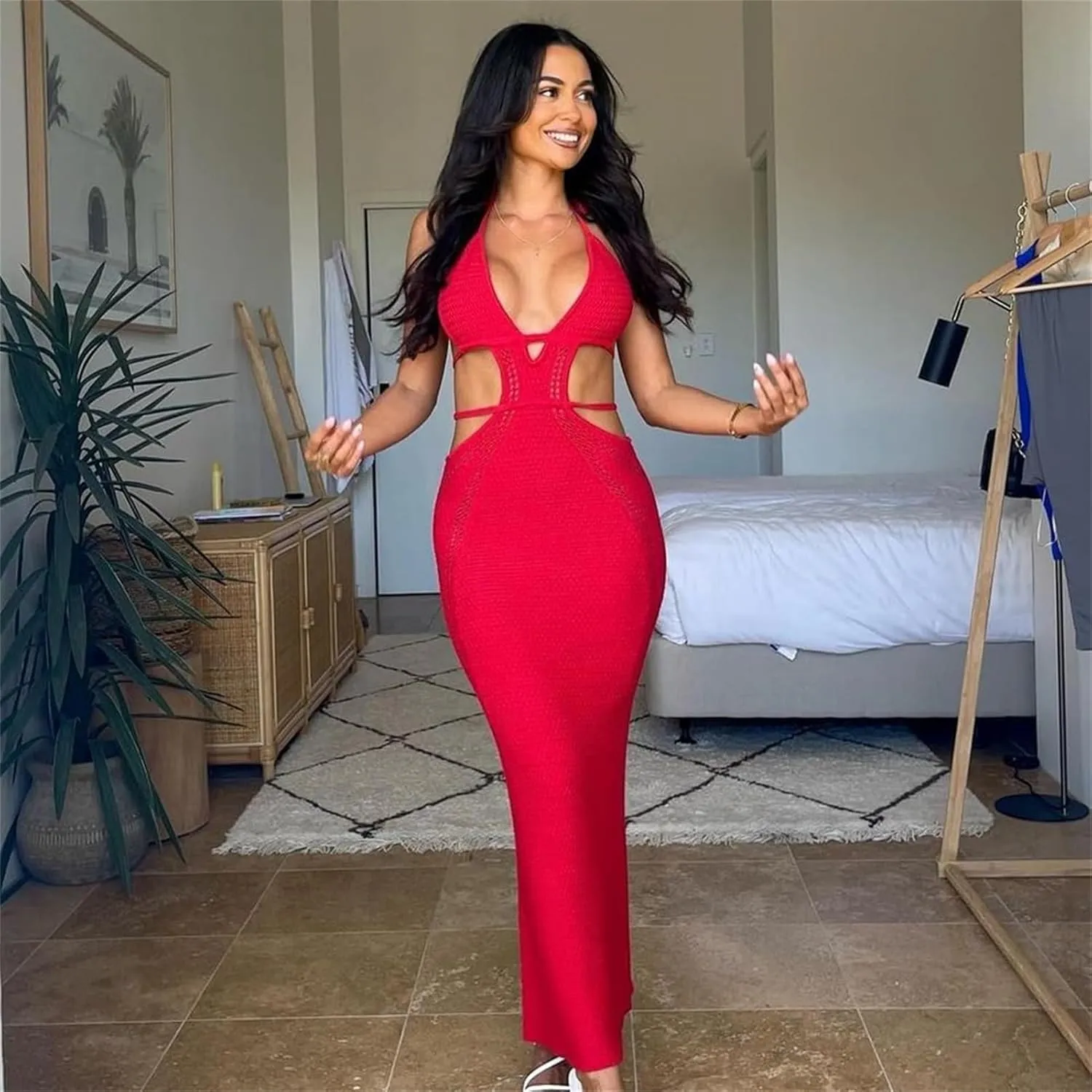 Women Sexy V Neck Bodycon Sweater Dress Knitted Halter Backless Hollow Out Waist Maxi Dress Party Club Long Dresses