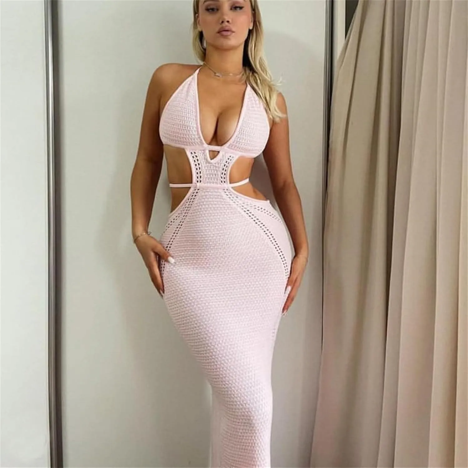 Women Sexy V Neck Bodycon Sweater Dress Knitted Halter Backless Hollow Out Waist Maxi Dress Party Club Long Dresses