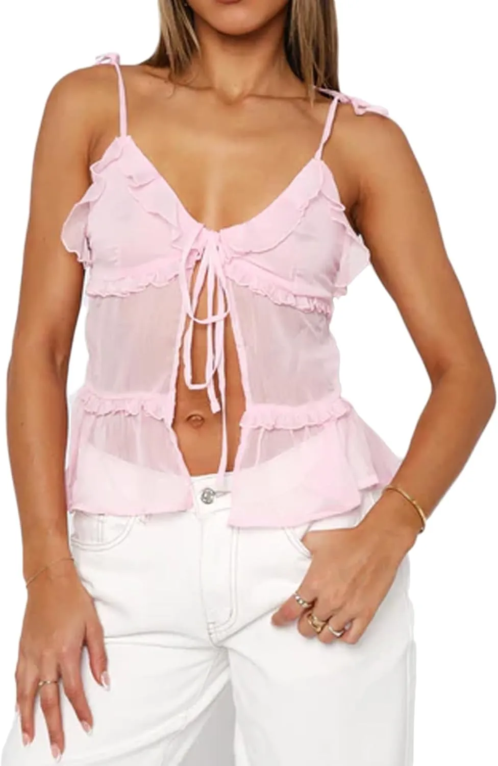 Women Tie Front Sheer Mesh Top Y2k Sexy Split Cami Tie-Shouder See Through Tank Summer Going Out Vest Tops
