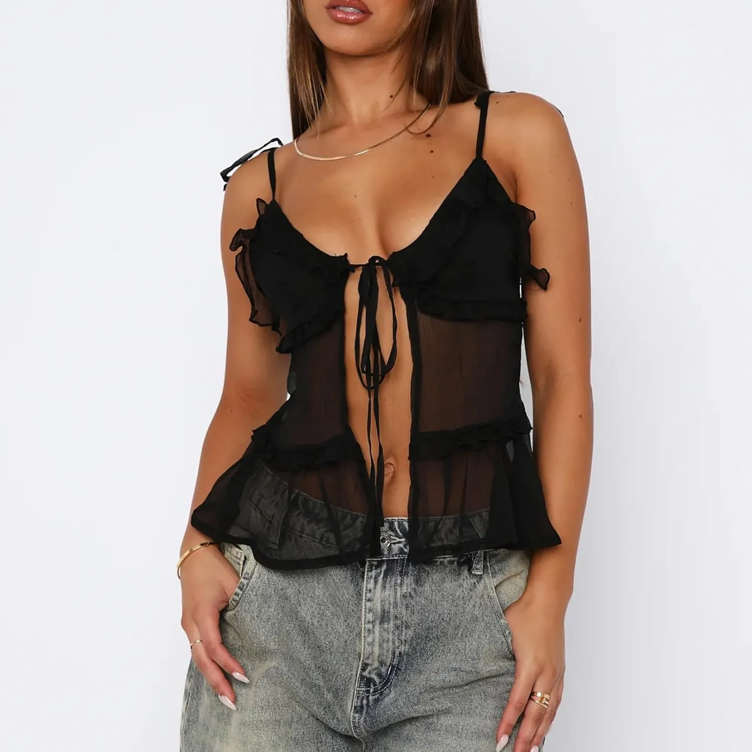 Women Tie Front Sheer Mesh Top Y2k Sexy Split Cami Tie-Shouder See Through Tank Summer Going Out Vest Tops