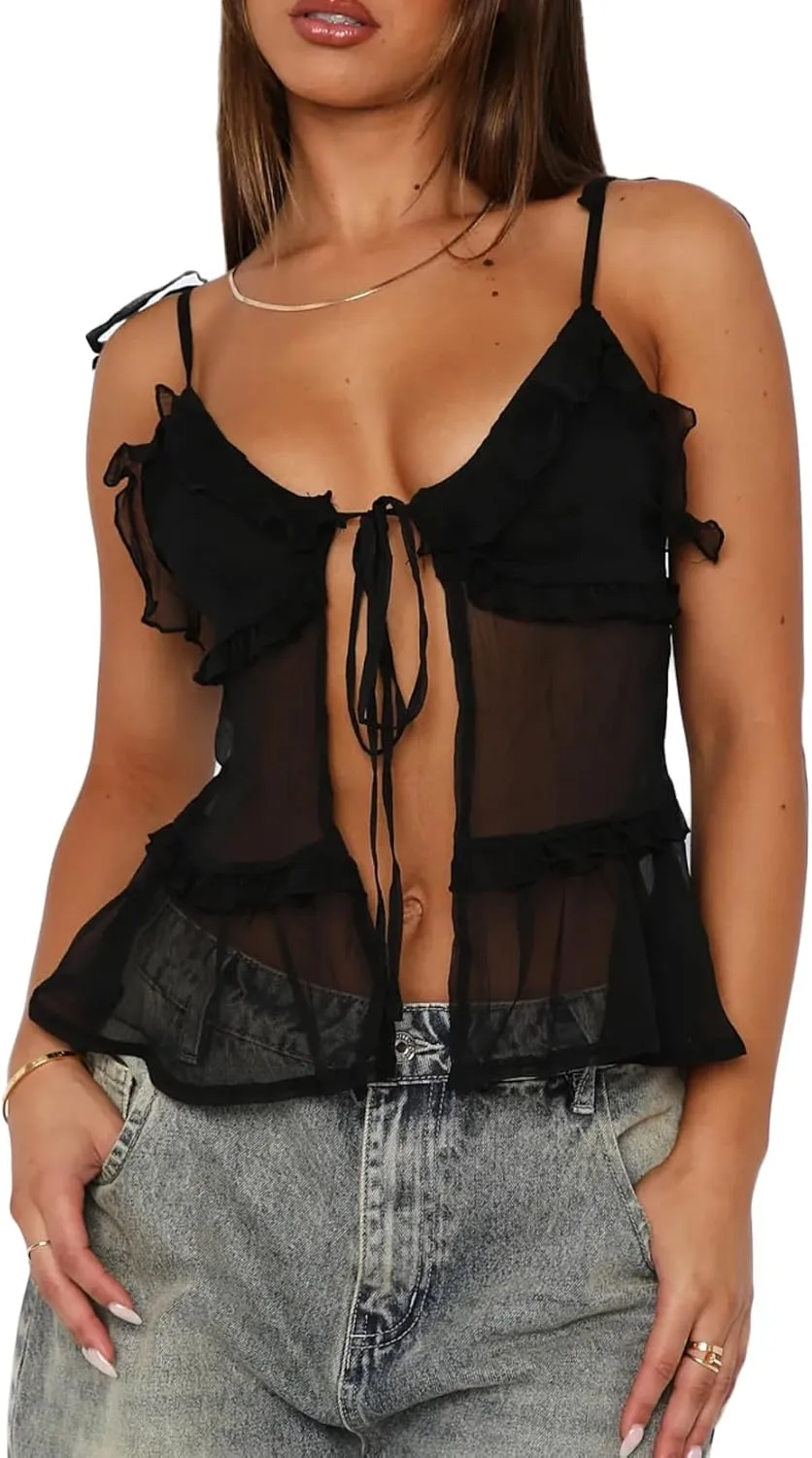 Women Tie Front Sheer Mesh Top Y2k Sexy Split Cami Tie-Shouder See Through Tank Summer Going Out Vest Tops