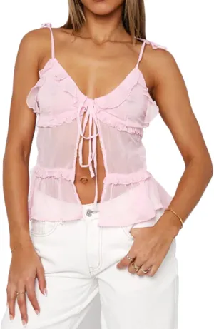 Women Tie Front Sheer Mesh Top Y2k Sexy Split Cami Tie-Shouder See Through Tank Summer Going Out Vest Tops
