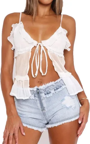 Women Tie Front Sheer Mesh Top Y2k Sexy Split Cami Tie-Shouder See Through Tank Summer Going Out Vest Tops