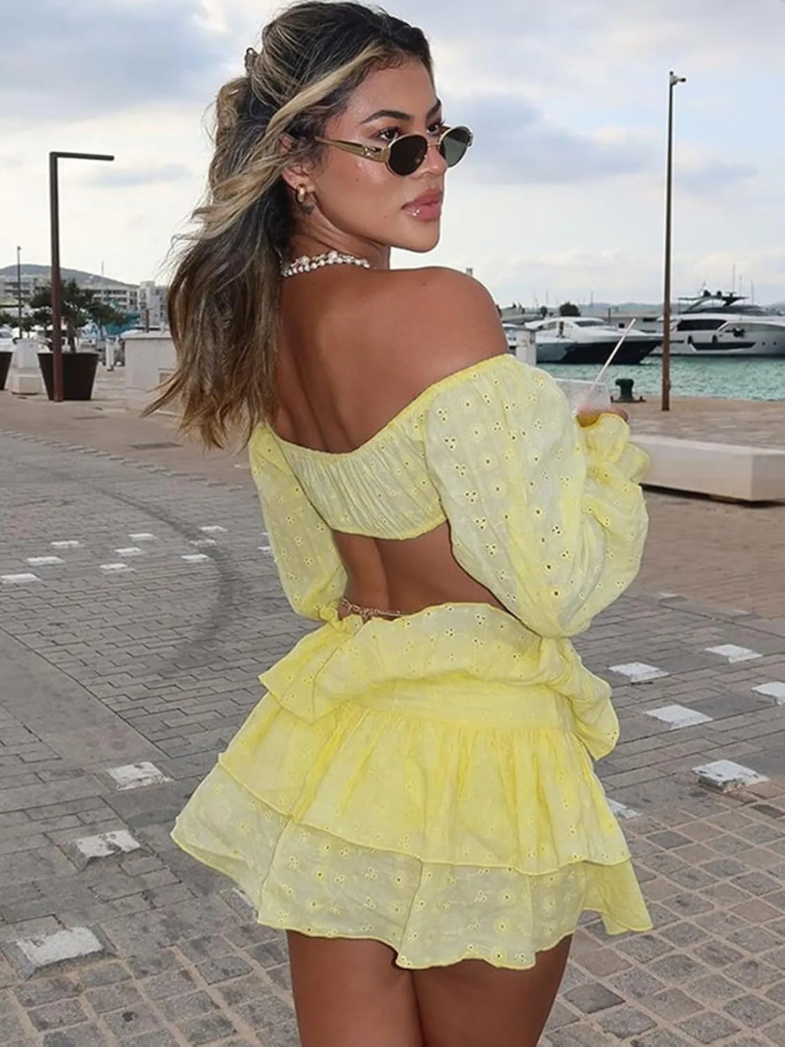 Women Two Piece Outfits Y2K Going Out Cherry Off Shoulder Crop Tops Low Rise Ruffle Layer Pleated Mini Skort Skirt Sets