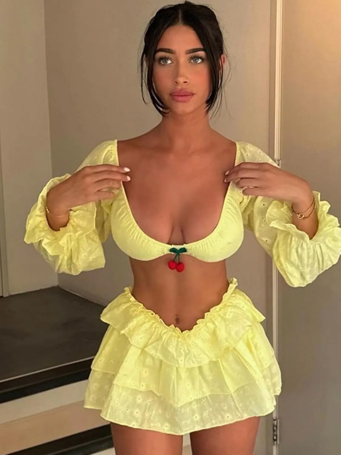 Women Two Piece Outfits Y2K Going Out Cherry Off Shoulder Crop Tops Low Rise Ruffle Layer Pleated Mini Skort Skirt Sets