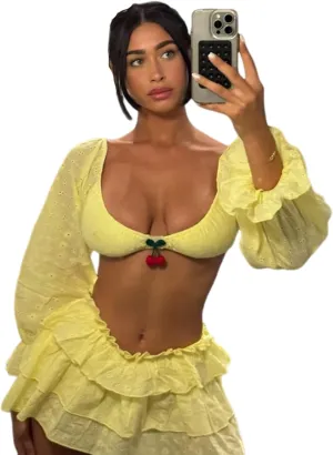 Women Two Piece Outfits Y2K Going Out Cherry Off Shoulder Crop Tops Low Rise Ruffle Layer Pleated Mini Skort Skirt Sets